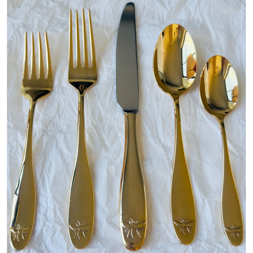 Williams Sonoma 5 pc Bee 18/10 Stainless Steel Gold Flatware Set, Retail $79 - Picture 2 of 7